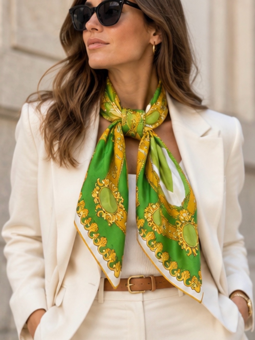 Vintage Oleg Cassini Green Gold Silk Scarf 29” Baroque Chain Medallion